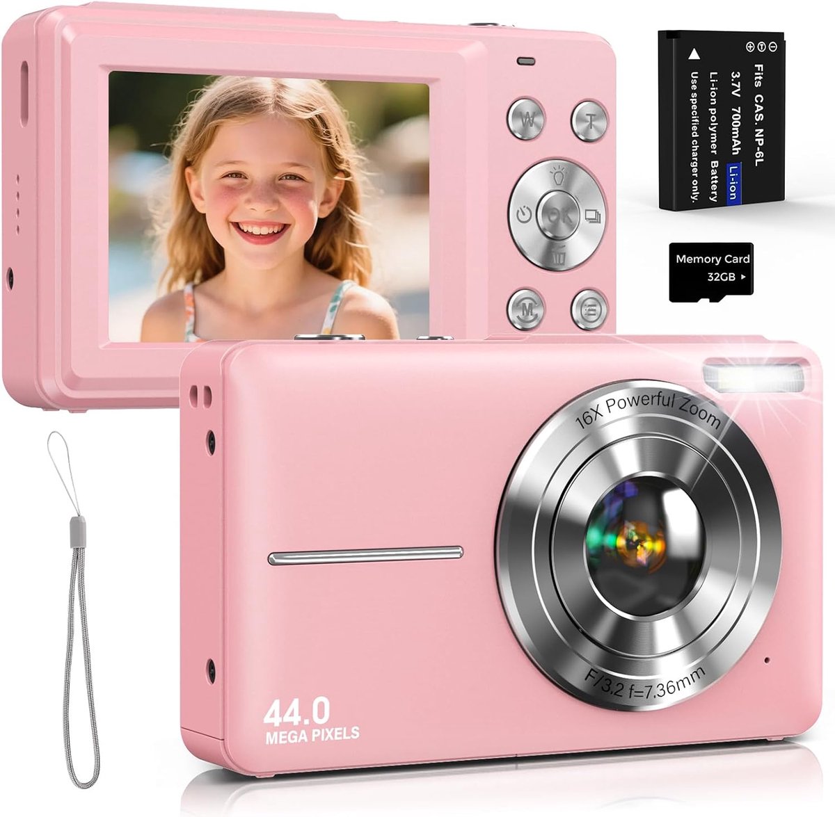 SnelShoppen - Digitale Camera 44 MP met HD Video 1080P Compact Camera voor Kinderen en Tieners, Antivibratie, 2.4 Inch IPS Display, 16x Digitale Zoom,