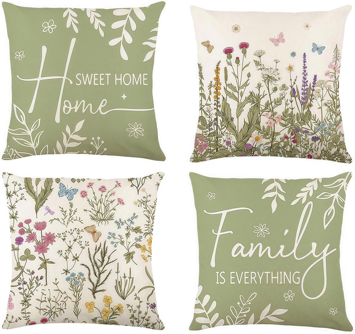 SnelShoppen - 4 Stuks Kussenhoezen 45x45 cm, Saliegroen Linnen met Wilde Planten Design, Decoratieve Kussens voor Bank, Woonkamer, Slaapkamer, Zomer D