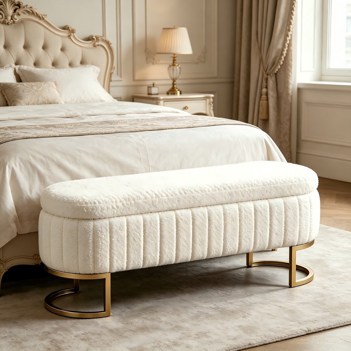 Bedbank Met Opbergruimte – 130 cm – Fluwelen Bekleding – Crème – Gouden Metalen Poten – Voor Slaapkamer, Hal En Woonkamer