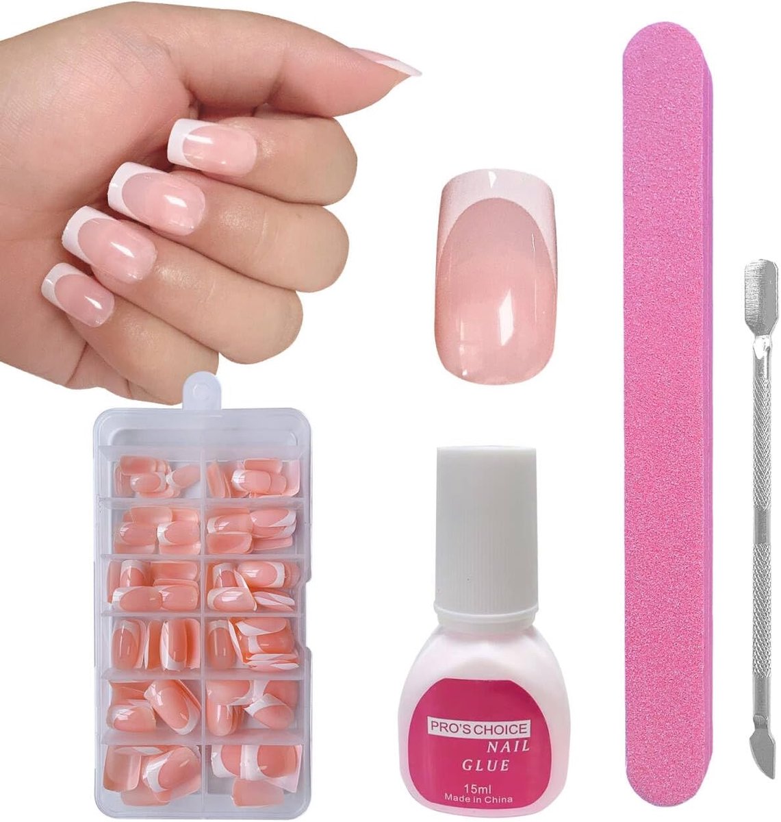 SnelShoppen - Set van 120 Franse Lace Valse Nagels vierkant met Lijm voor Manicure Nail Art - Korte Vierkante Tips met Diepe Boog, Soft Gel, Meerdere
