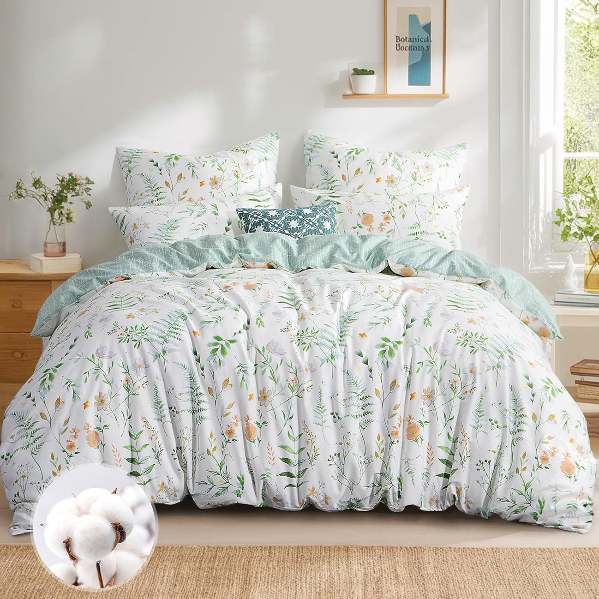 SnelShoppen - Luxe Dekbedovertrek Set 200 x 220 cm - 100% Katoen Groene Bloemen - Inclusief 2 Kussenslopen 80 x 80 cm - Ademend, Zacht en Oeko-Tex - P