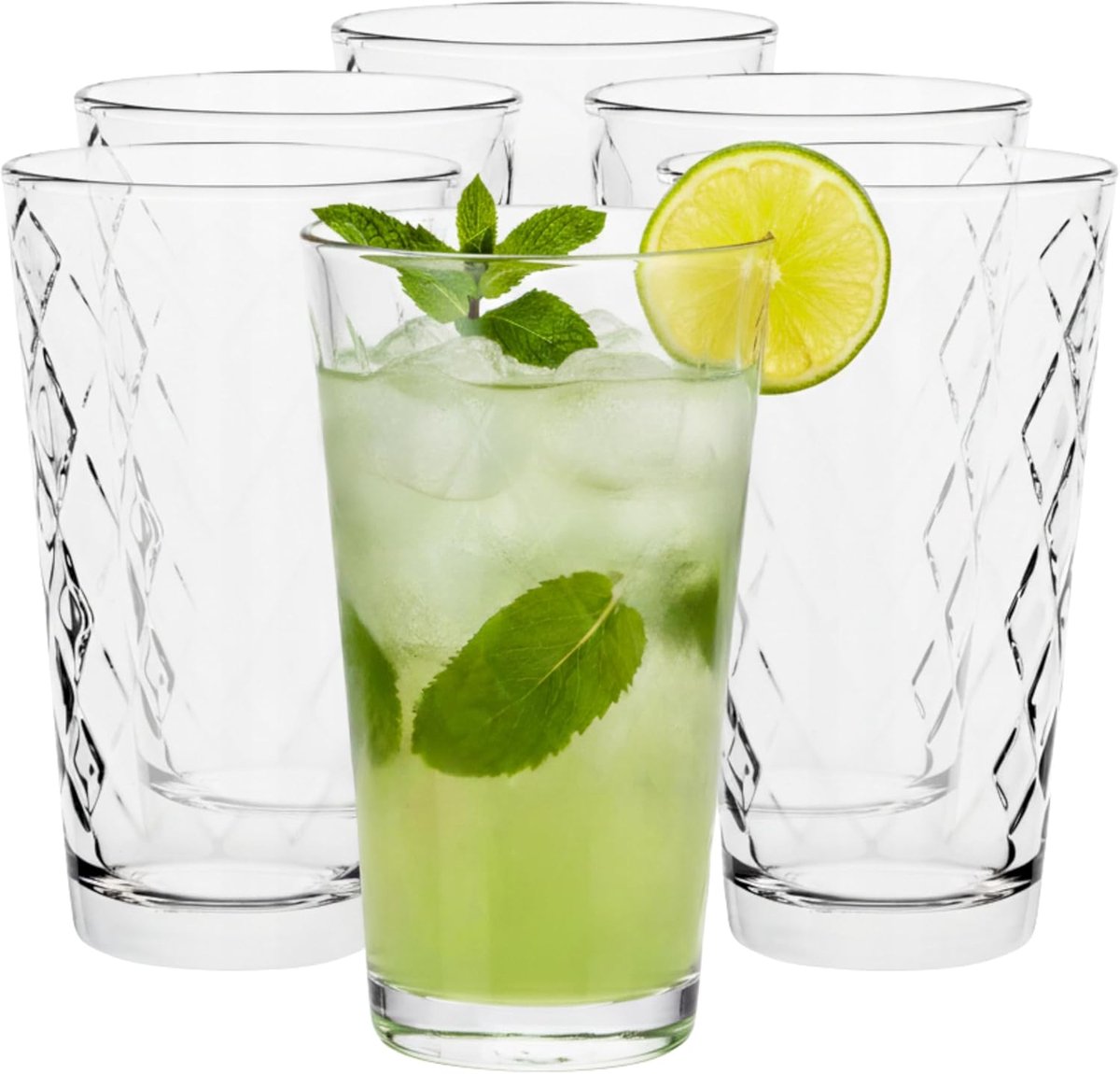 SnelShoppen - Set van 6 Hoogwaardige Longdrink Glazen - 370 ml - Decoratieve Wassengläser - Spülmaschinenfest - Perfect voor Feest, Camping, Tuin en K