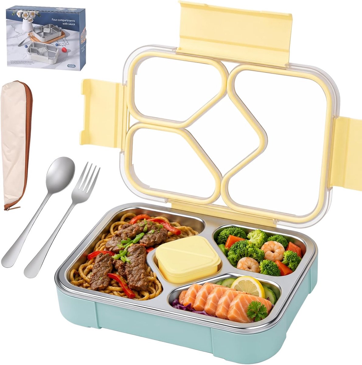 SnelShoppen - Broodtrommel roestvrij staal Bento Box voor kinderen en volwassenen - Lunchbox met vakken, ideaal voor school, werk, picknick en camping