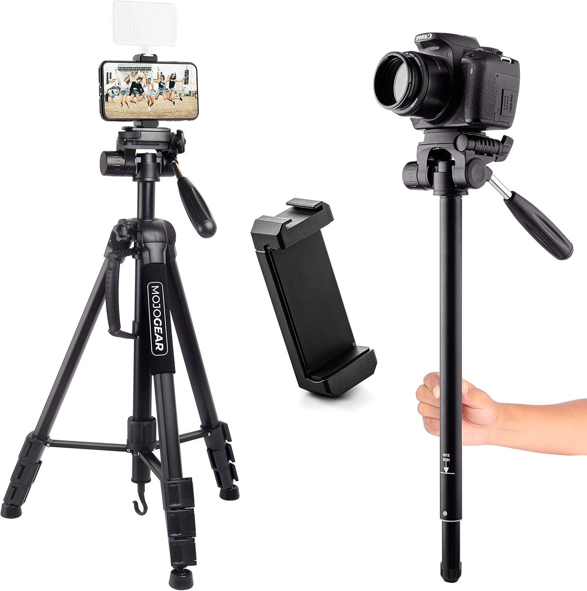 SnelShoppen - 177 cm 2-in-1 Tripod en Monopod met Premium Telefoonhouder - Aluminium, 3-Way Balhoofd, Snelle Bevestigingsplaat voor DSLR Camera en Sma
