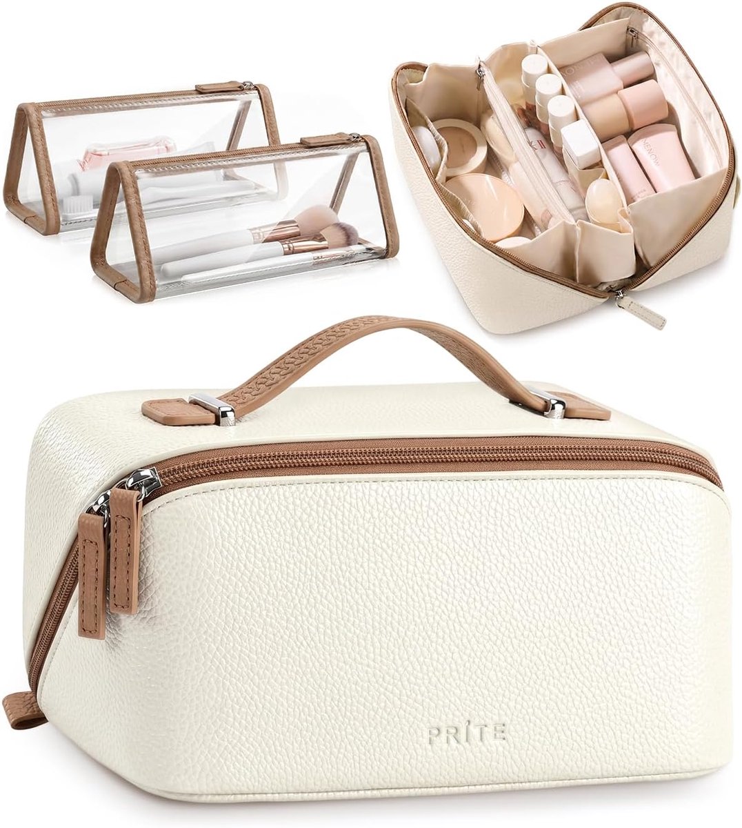 SnelShoppen - Prite 3-delige Toilettas voor Dames, Vegan Leer, Waterdicht, Beige, 3 Vakjes, Transparante Compartimenten, Reistas, Make-up Organizer, I