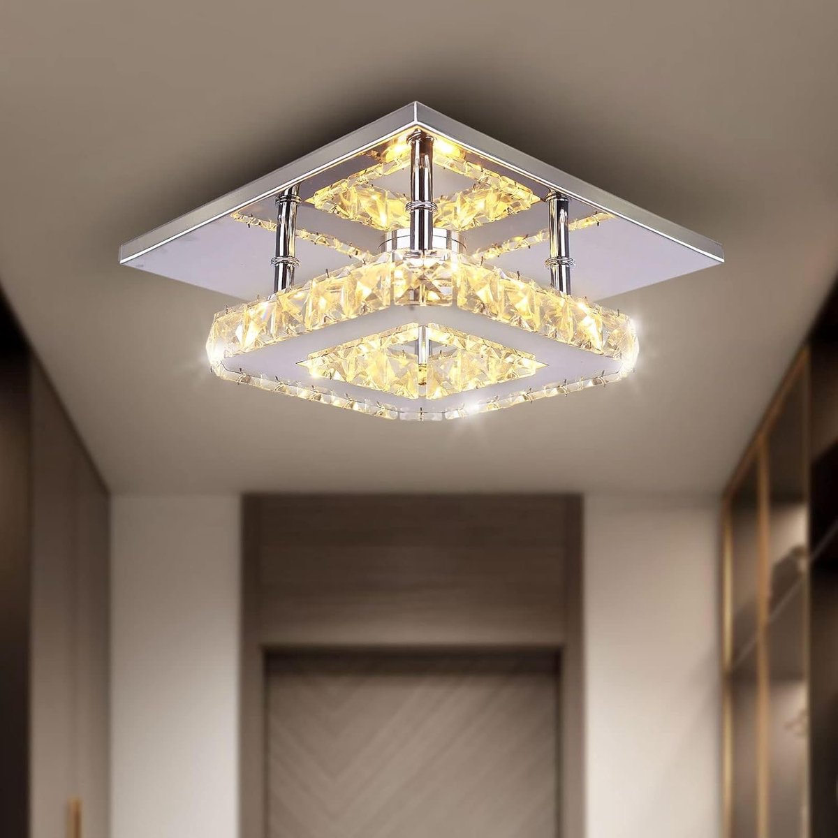 SnelShoppen - Small LED Kroonluchter Semi-Ingebouwd - Modern Cristal Plafondlamp voor Slaapkamer, Eetkamer en Hal - RVS, Chroom Afwerking, 20.3x12.7 c