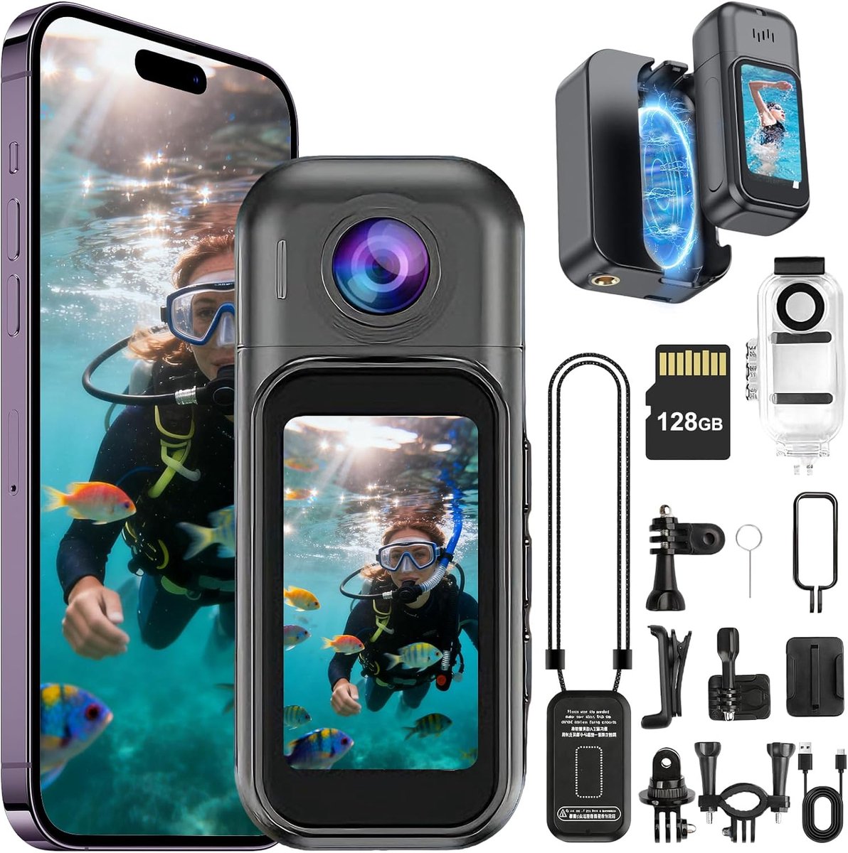SnelShoppen - Body Camera 4K 180° Rotatable met Oplaadcase, 2400 mAh Actiecamera, 30 m Waterproof, 1.47 Inch Touchscreen, Sportcamera voor Fietsen, Mo