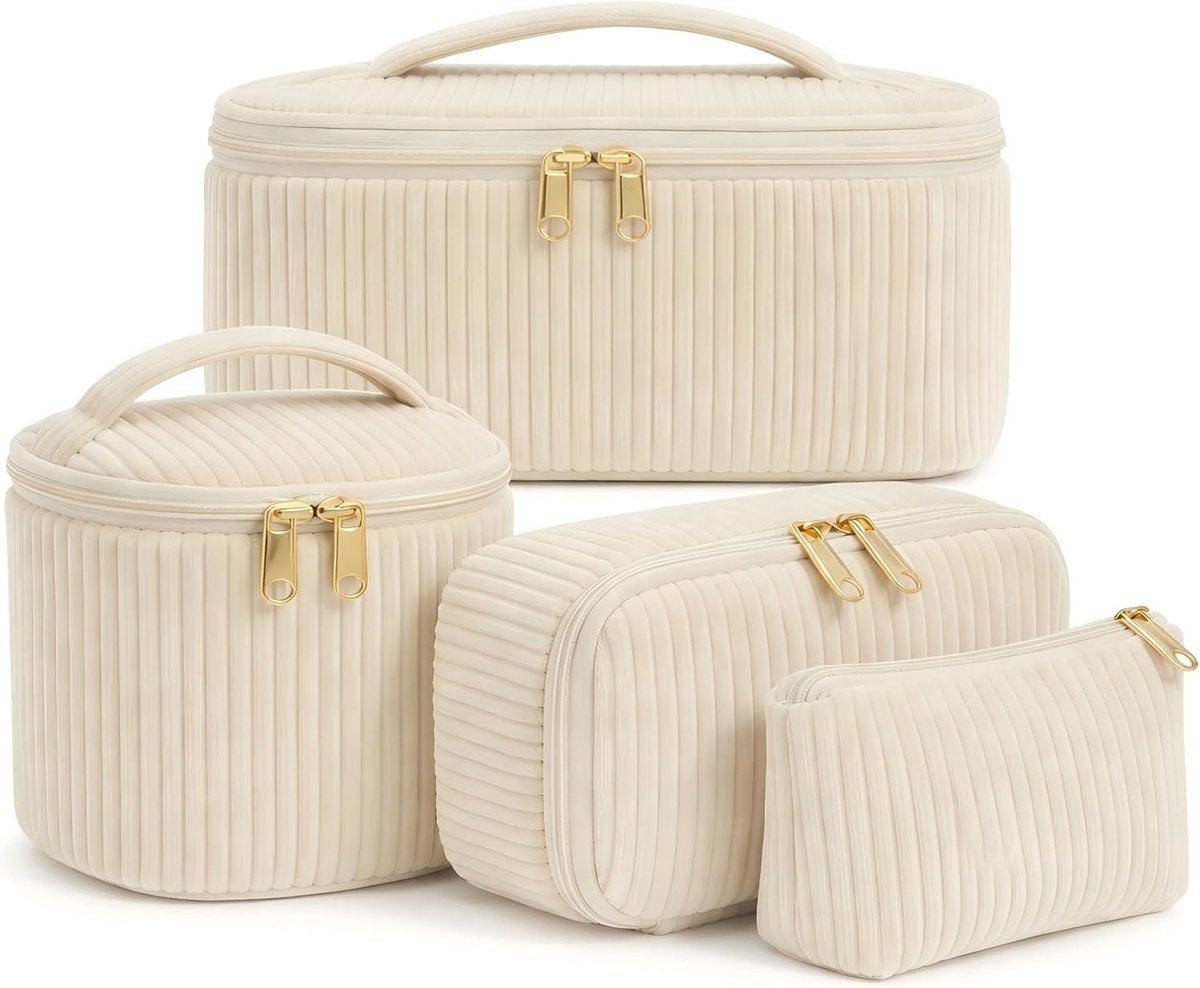 Thijox - Set van 4 Corduroy Make-up Tassen Dames, Toilettas met Handvat, Groot, Middel, Klein, Mini, Cosmetica Organizer in Beige voor Reizen en Dagel