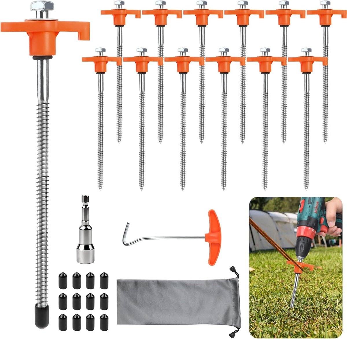 SnelShoppen - 12 Stuks Tent Haringen, Schroef Tent Pegs voor Camping en Buiten, Robuuste Stalen Haringen met Adapter voor Accuschroevendraaier, Inclus