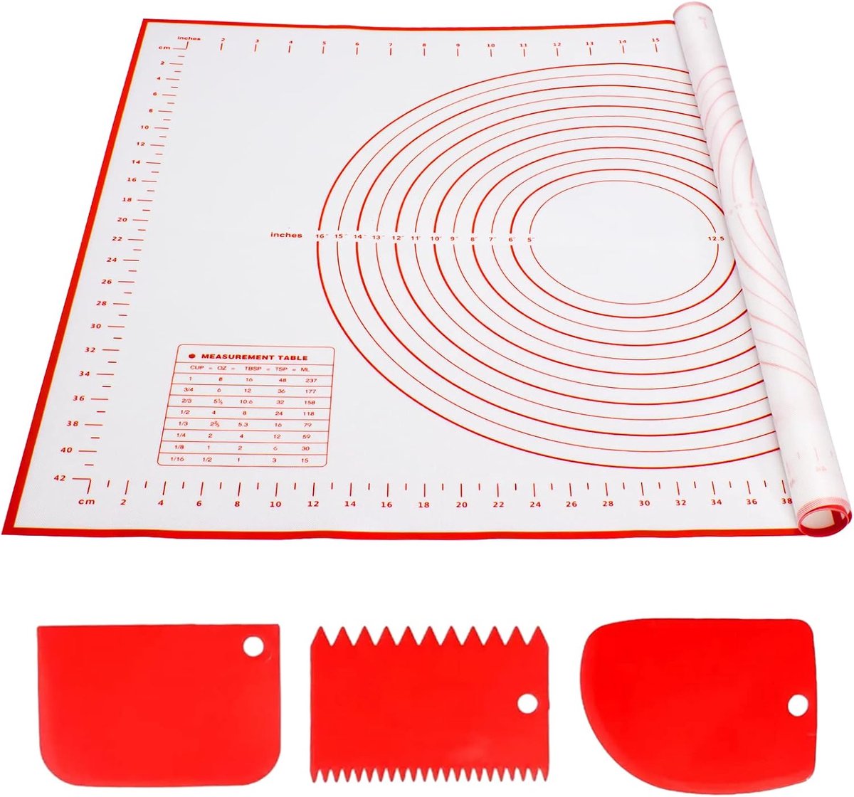 SnelShoppen - Silicone Bakmat met 3 Deegschrapers - 70x50CM Antikleefdeegmat - Niet-slip Bakmat voor Pizza, Fondant, Brood, Taart - Rood