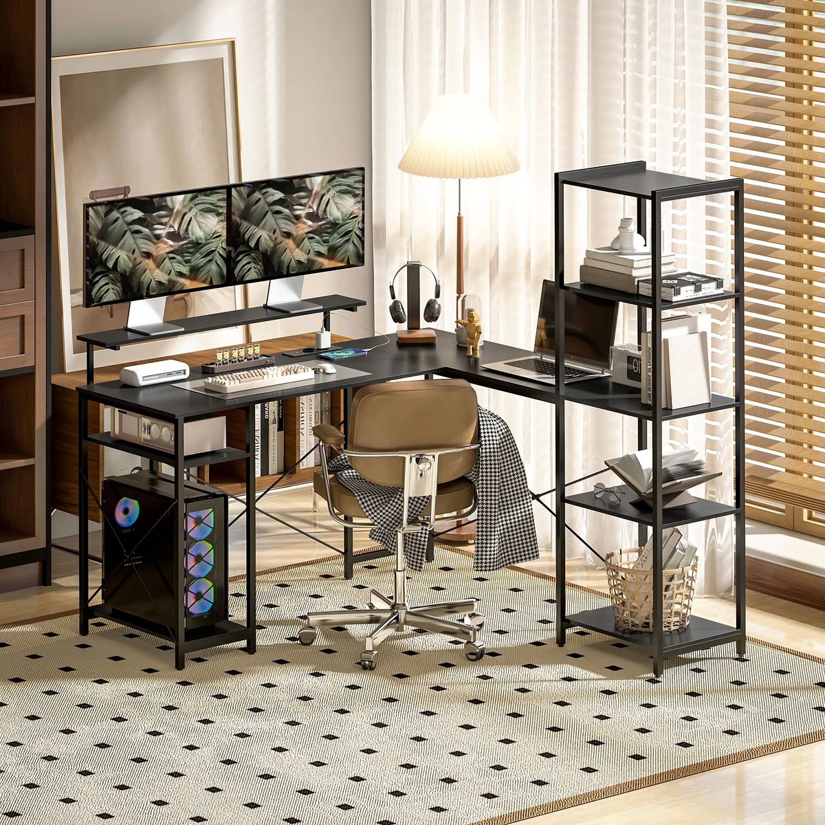 OKWISH Bureau - L-Vormig Hoekbureau Met Monitorstandaard En Laadstation - Voor Thuiswerkplek En Kantoor - Metaal Zwart - 137x140x139,5 cm