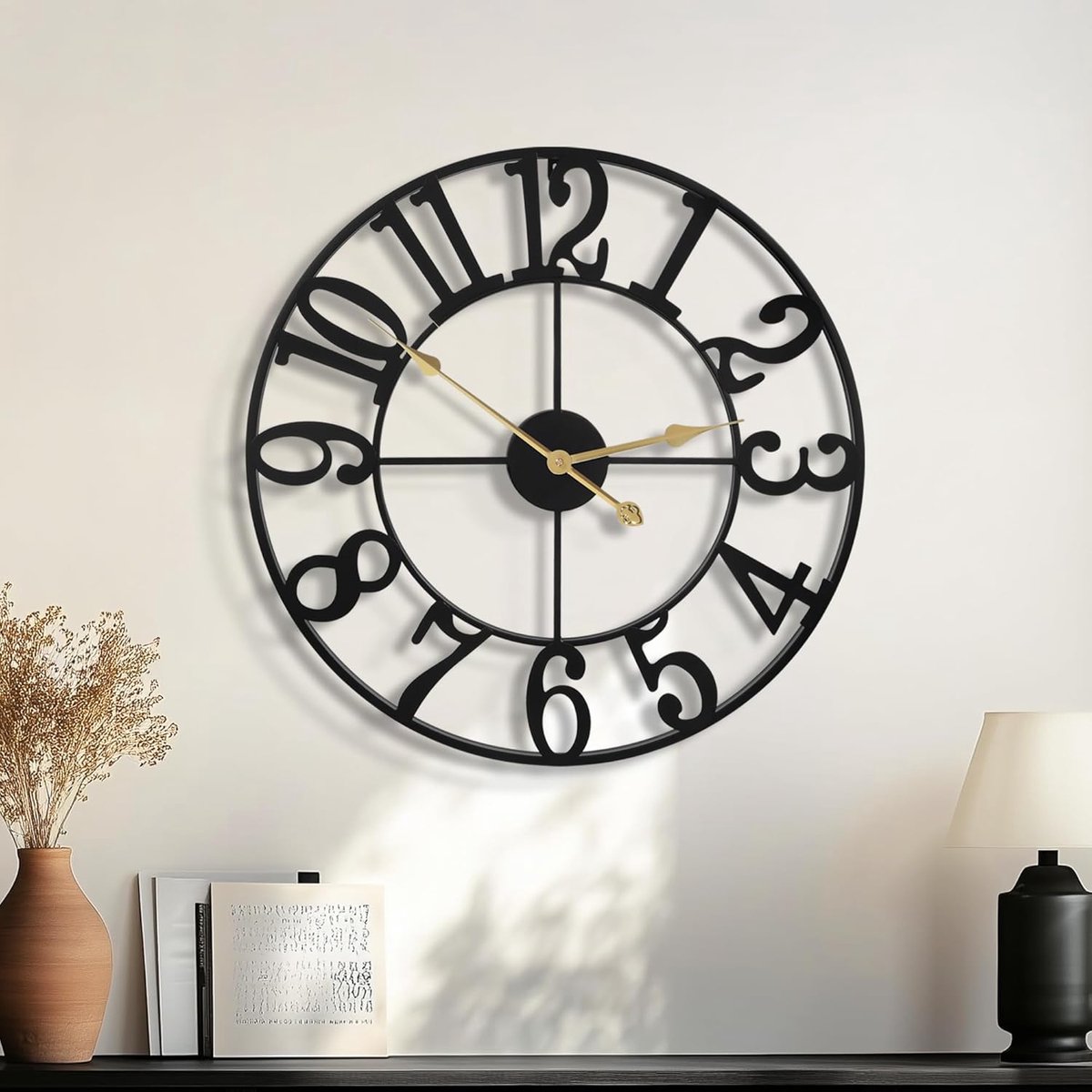 SnelShoppen - Grote Moderne Wandklok 16 Inch Zwart Metalen Klok Noiseless Arabische Cijfers Voor Woonkamer Slaapkamer Keuken Vintage Stijl Decoratie