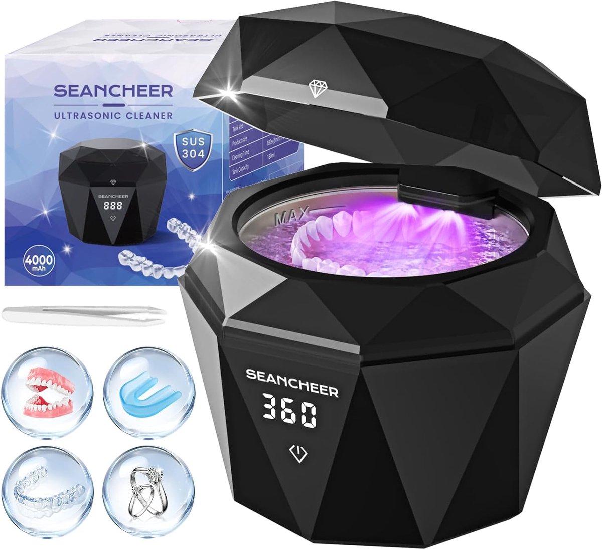 SnelShoppen - Ultrasonic Cleaner 48kHz met UV Lamp | 180ML Ultrasonic Bad voor Tandheelkundige Protheses, Retainers, Aligners, Beugels en Crunch Bits