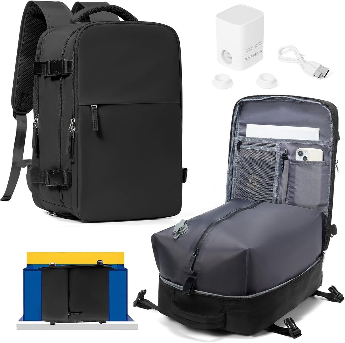 SnelShoppen - Stofzuigerrugzak met Pomp 40x30x20 cm - Handbagage Reisrugzak voor Ryanair & Easyjet - Compressie Rugzak voor Wandelen, Weekend en Casua