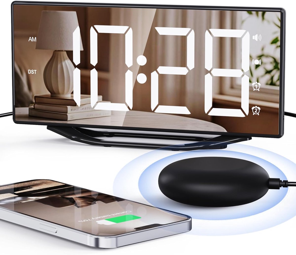 SnelShoppen - Loud Alarm Clock met Bed Shaker voor Heavy Sleepers, Digitale Dual Alarm Klok met Vibratie, 8.7 Inch LED Spiegel Klok voor Kinderen, 7 V