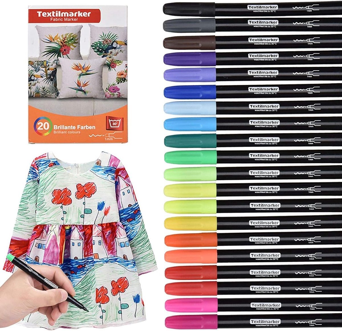 SnelShoppen - Wasbare Textielmarkers - 20 Stuks Waterdichte Textielpennen in Felle Kleuren - Niet-Toxische Permanente Markers voor Schoenen, T-Shirts,