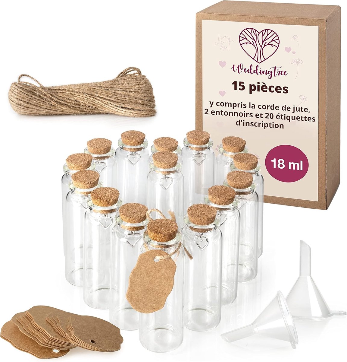 SnelShoppen - 15 Mini Glas Flessen met Kurk 18ml - Test Tubes voor Bruiloft, Gastengeschenken, Kruidenvazen, DIY Decoratie - Jute Touw, Labels, Funnel