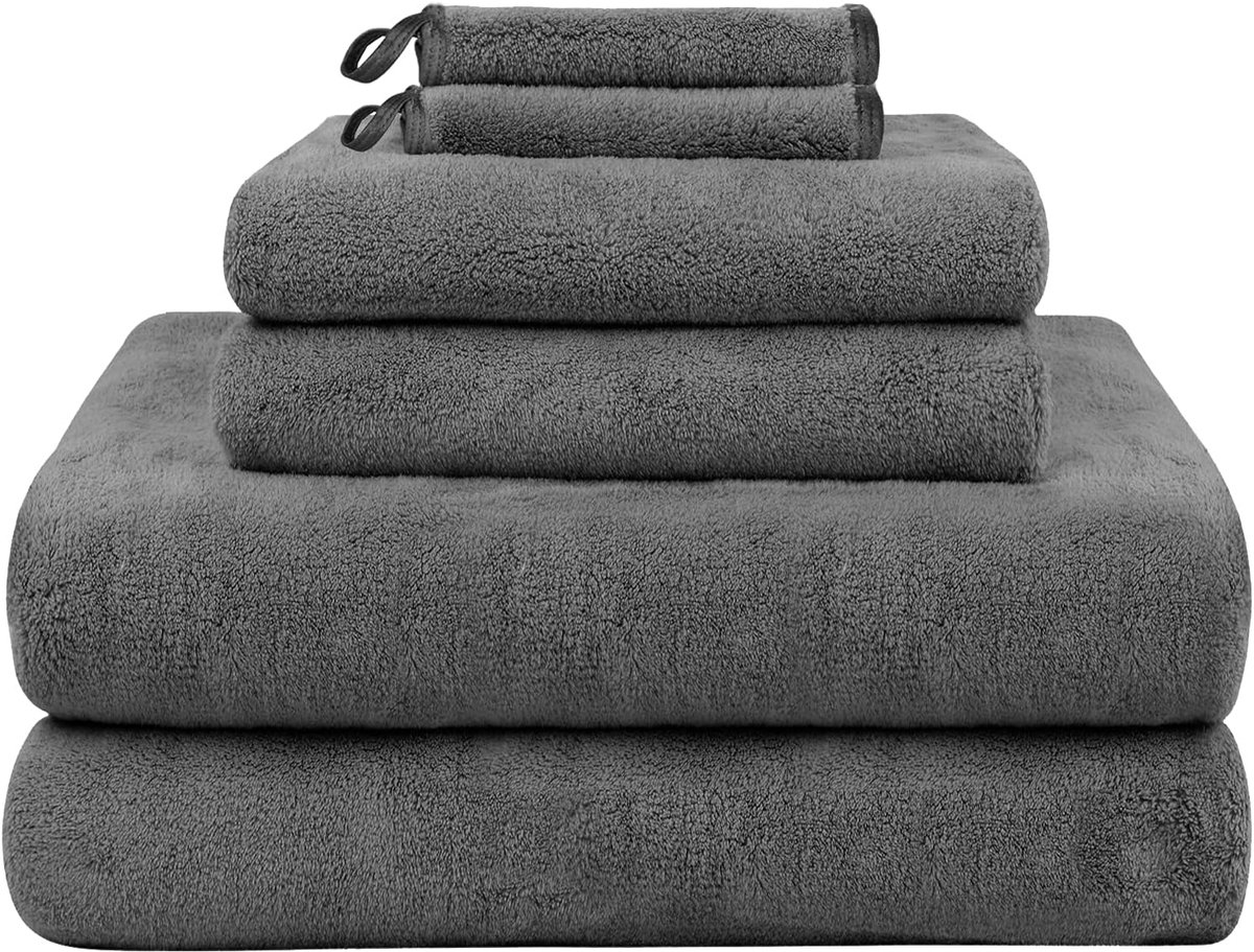 SnelShoppen - 6-delige Microfibre Badhanddoeken Set - 2 Badhanddoeken 76x152cm, 2 Handdoeken 40x76cm, 2 Make-up Reinigdoekjes - Donkergrijs, Ultra-zac