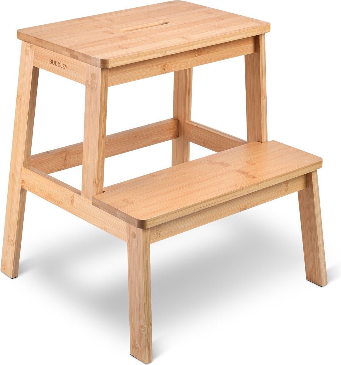 SnelShoppen - BUDDLEY Keuken Trap 2 Treden - Houten Stoel voor Kinderen en Volwassenen - Veilig en Stabiel - Opvouwbaar - Houten Trap in Bamboe voor K