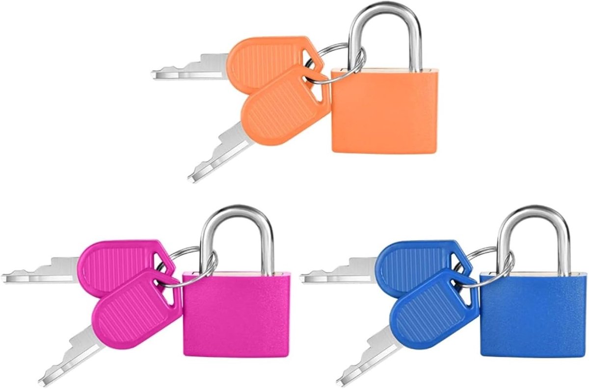 SnelShoppen - 3-Pack Kofferslot met Sleutel - Compacte Hangslot voor Reisrugzak, Fitness en Sport - Roze, Oranje, Blauw - Duurzaam en Waterdicht