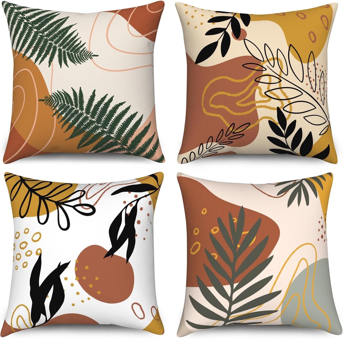 SnelShoppen - Set van 4 Cushion Covers Abstracte Kussenslopen Boho Groen Bladeren Terracotta Geometrisch Patroon Vierkante Kussenslopen Velvet 30x30cm
