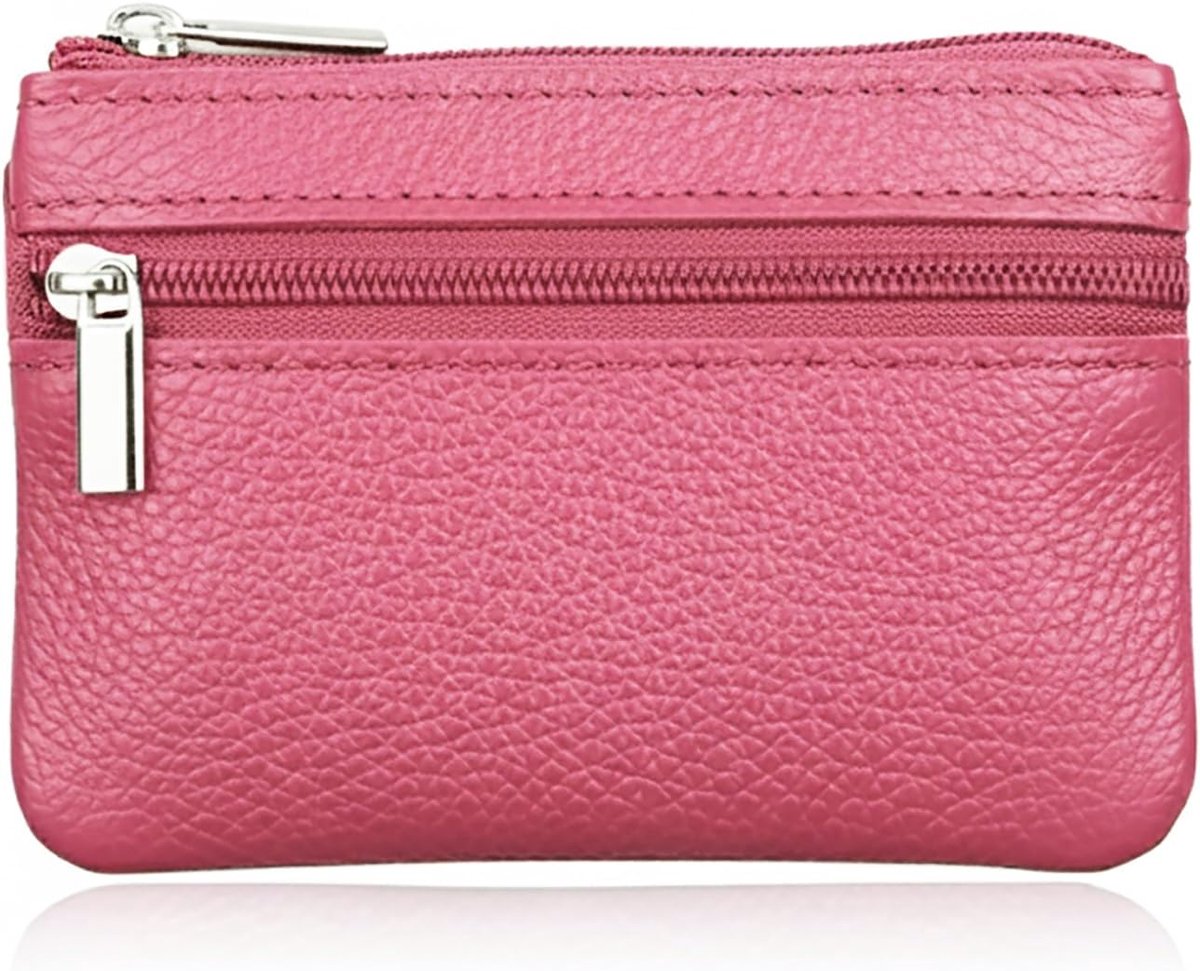 SnelShoppen - Hibate Leren Sleutelhanger - Mini Sleutelkastje voor Mannen en Vrouwen - Zacht Echt Leer - Moderne Roze Sleuteltas met 2 Robuuste Ritsen