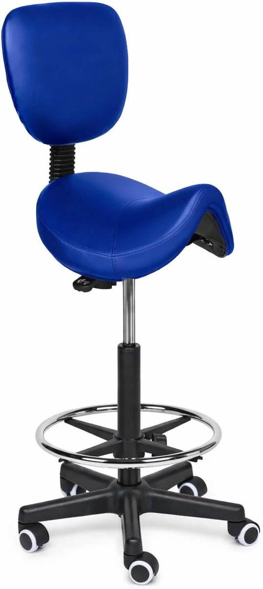 SnelShoppen - Premium Zadelkruk met Rugleuning - Ergonomische Kapperskruk Blauw - Hoogte Verstelbaar (40-57cm) - Kunstlederen Zadelstoel - Comfortabel