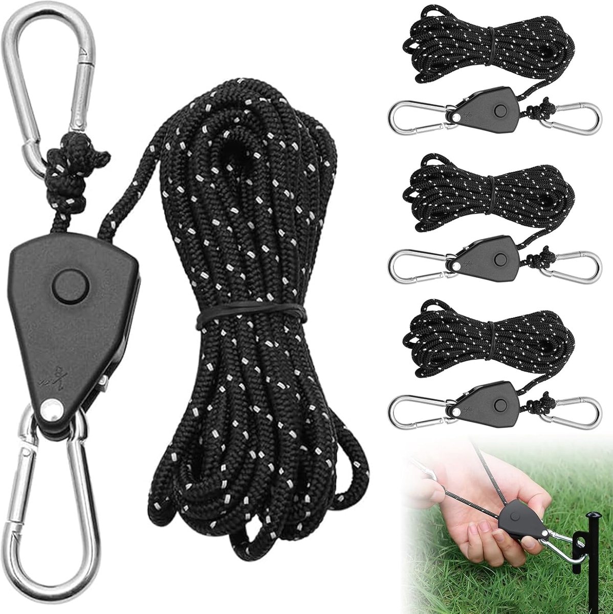 SnelShoppen - 4 Pack 4 m Verstelbare Ratchet Touwen met Spanner, Reflecterende Touw voor Camping Tenten en Parasols, Lichtgewicht en Veilig