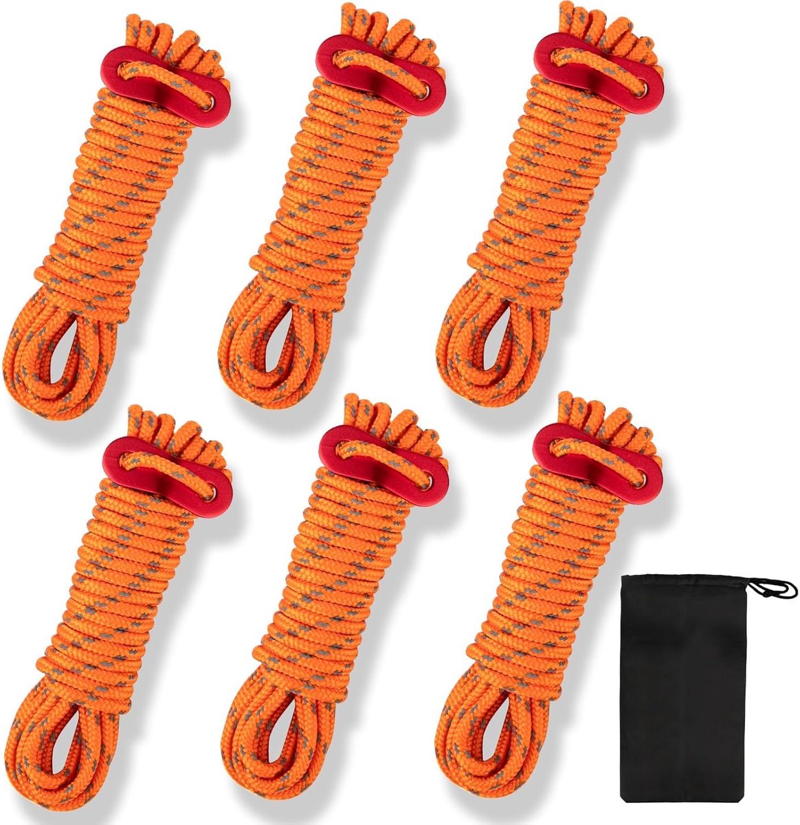 SnelShoppen - Reflecterende Tentlijnen met Spanner, 4m Nylon Touw Ø4mm, 6 Stuks Oranje Camping Touw voor Tent, Zeil, Caravan, Buitenactiviteiten