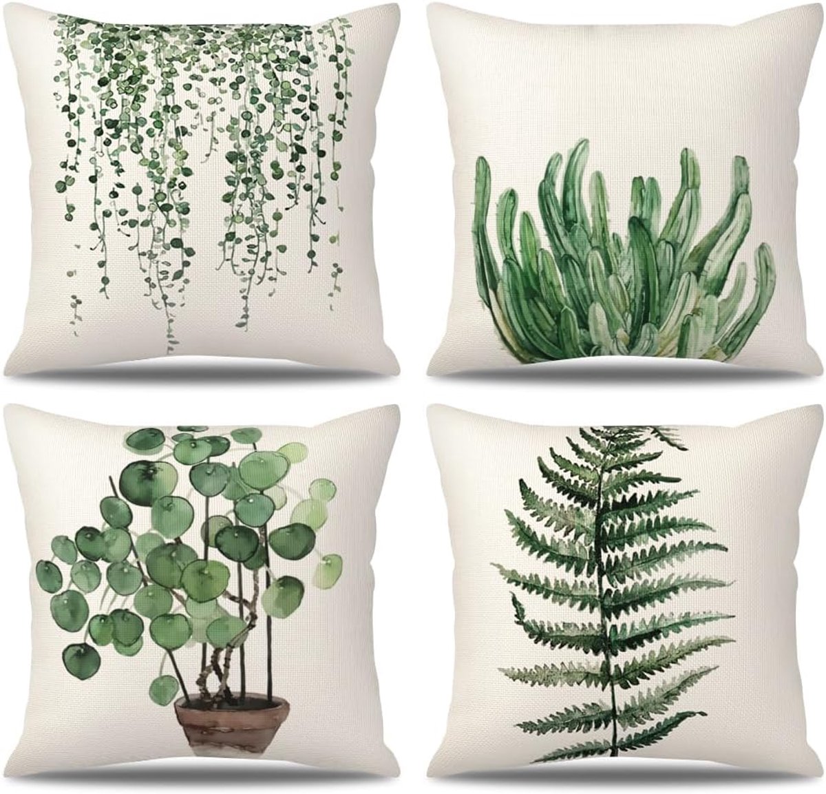 SnelShoppen - Set van 4 Decoratieve Kussenhoezen 50 x 50 cm Groen Bladeren, Linnen Kussenhoezen voor Sofa, Slaapkamer, Tuin, Buiten