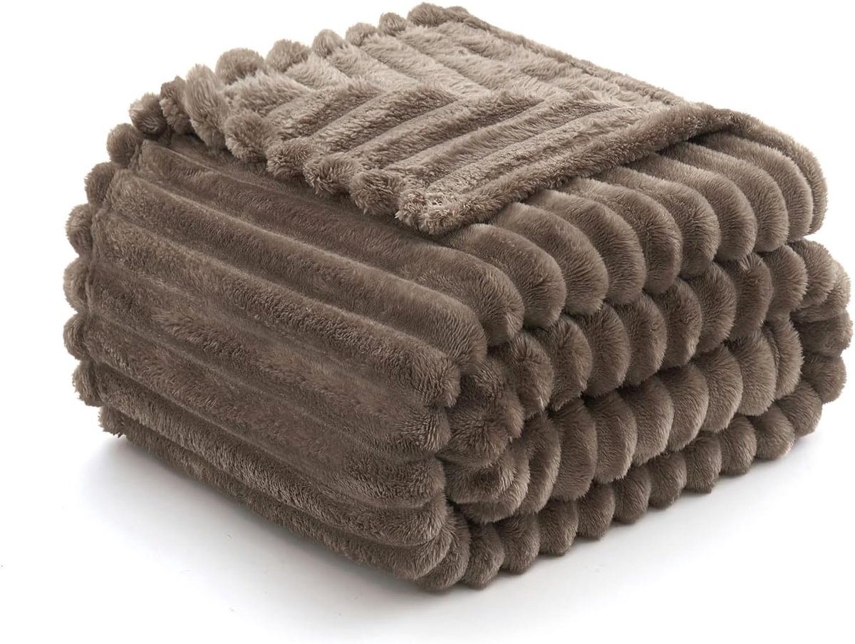 SnelShoppen - Fleece Throw Blanket 125x150 cm Bruin - Zachte Warme Fluffy Plaid voor Bank en Bed - Corduroy Look voor Kinderen en Thuisgebruik