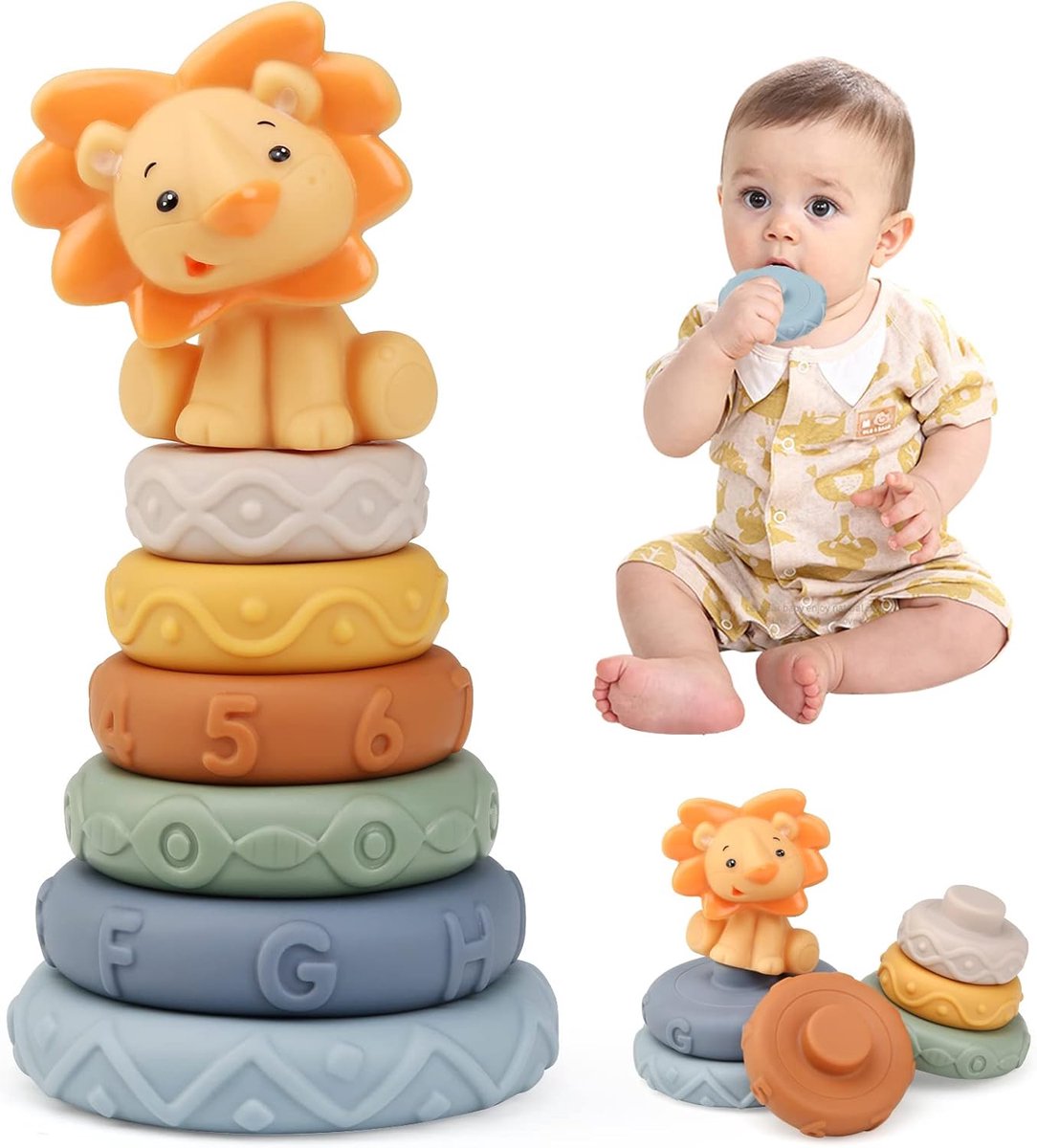 SnelShoppen - Stapelbare Montessori Silicone Speelgoed Set voor Baby's - Activiteit Cubes met Olifant en Kleurige Cirkels - Educatief Bad- en Bijtspee