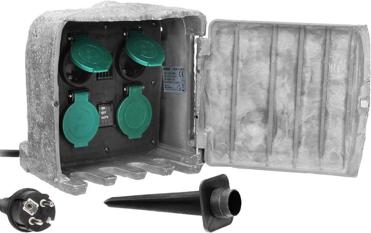 SnelShoppen - Garden Socket STONES - Waterdichte Stekkerdoos Buiten - 4 x 2-polige + Aardlekschakelaar - Automatisch/Handmatig - Tuinaccessoire - Stev