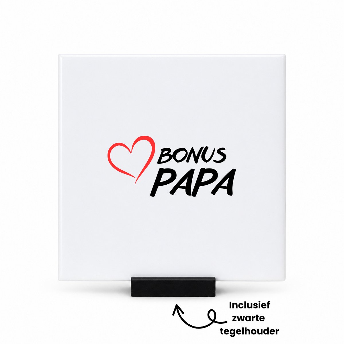 Hacebo Bonus papa met rood hart tegeltje met tegelhouder - Papa - Lieve bonuspapa - tegeltjes met tekst - Vaderdag cadeautje - Cadeau voor papa - Verjaardag - Geschenk - Cadeau - Gift - spreuktegels - 10.8x10.8 CM Wit