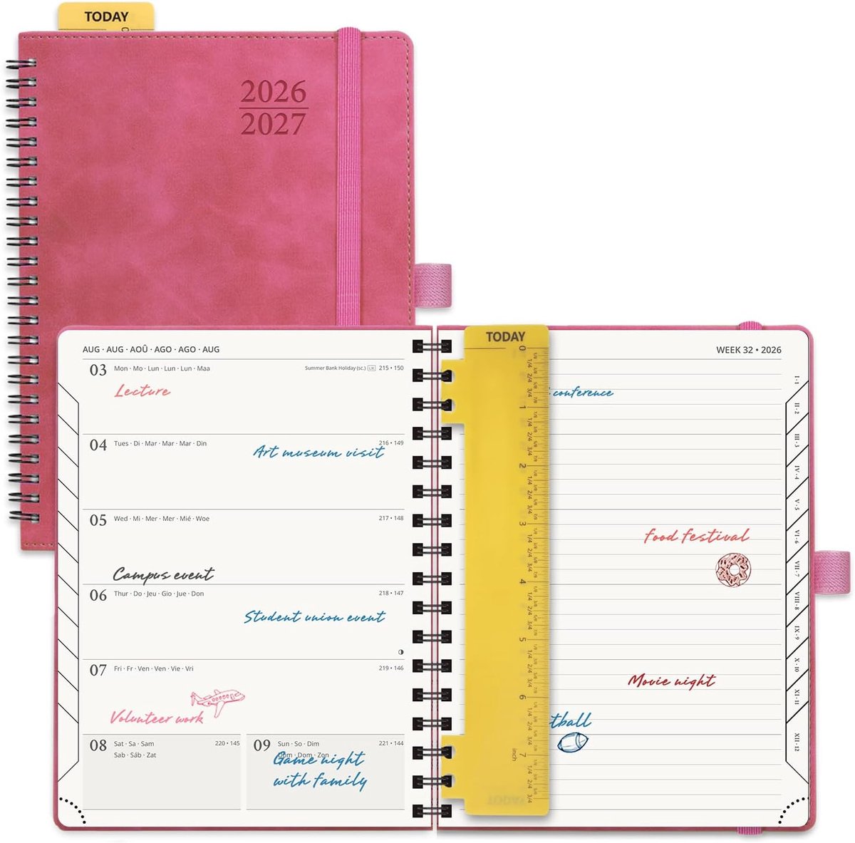 SnelShoppen - Agenda 2026 2027 Weekly Planner en Notitieboek 22x16.5 cm, Zachte Spiral Binding, Maandtabs, 80 GSM Papier, Fuchsia, 1 Pagina per Week m