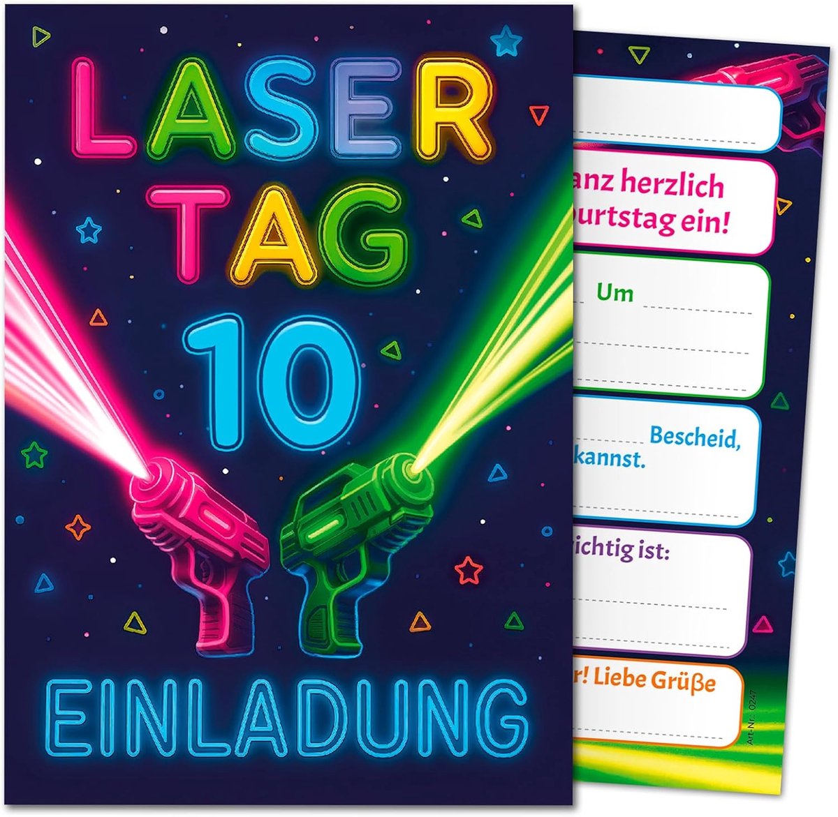 SnelShoppen - 12 Uitnodigingskaarten Kinderen Verjaardag - Laser Tag Thema - 10.5x14.8cm - Voor Jongens en Meisjes - Perfect voor 10e Verjaardag - Sto