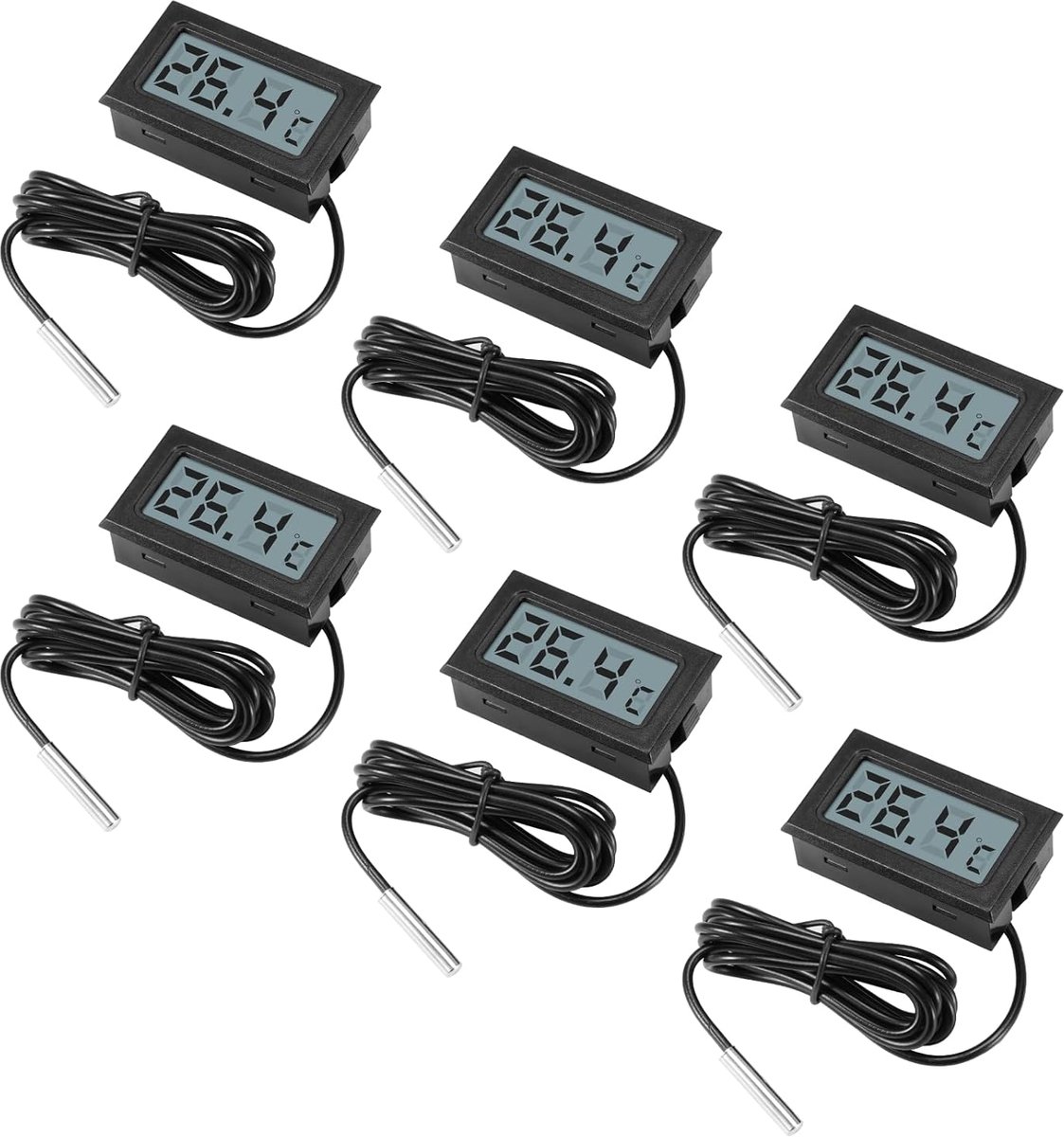 SnelShoppen - Digitale LCD-thermometer met externe sensor, temperatuurmeter voor koelkast, vriezer, aquarium - 6 stuks, nauwkeurige meetwaarden van -5