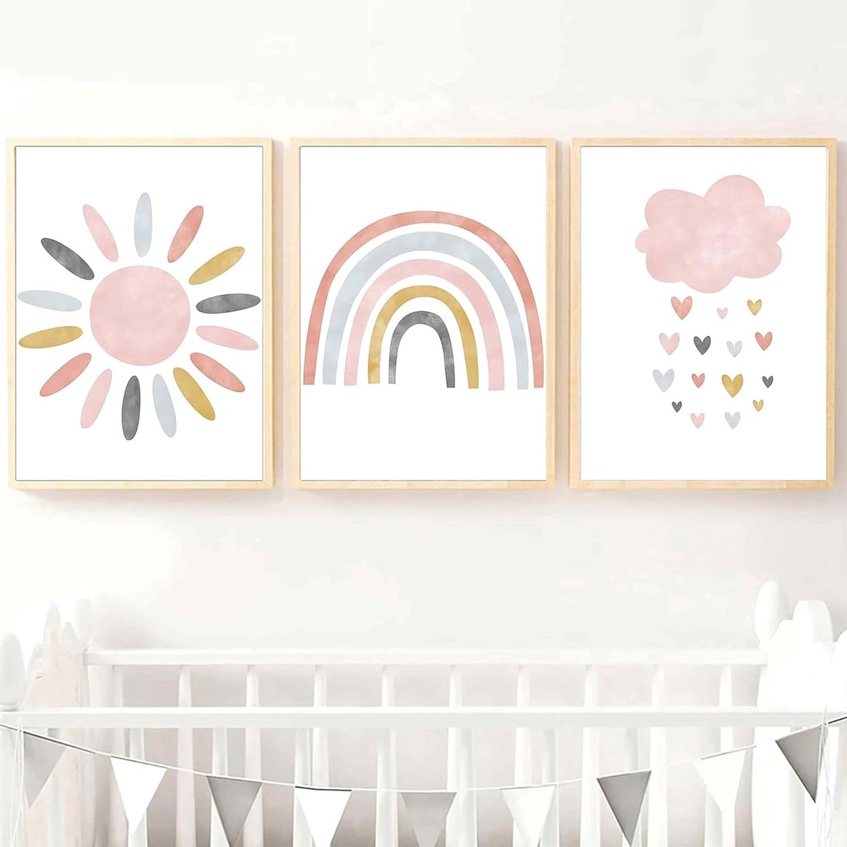 SnelShoppen - Set van 3 Kinderkamer Posters Boho Regenboog Zon Wolk Wanddecoratie voor Jongens en Meisjes - Maat 21x30 cm - Stijlvolle Wanddecoratie Z