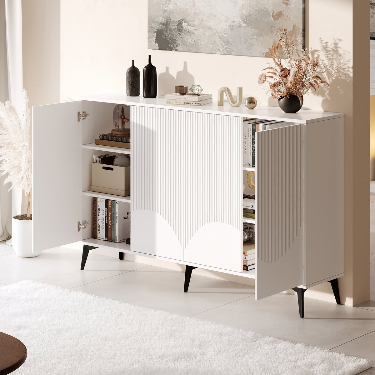 Wishdor - Dressoir - 160 cm breed - 4 deuren en verstelbare planken - modern opbergmeubel voor woonkamer of eetkamer - houtlook en metaal - wit