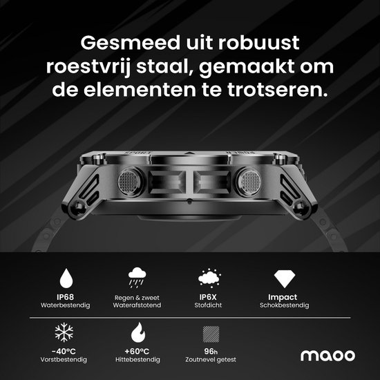 Detail van de zijkant van een robuuste grijze smartwatch, gemaakt van roestvrij staal. Toont IP68, IP6X, impact, vorst- en hittetests.