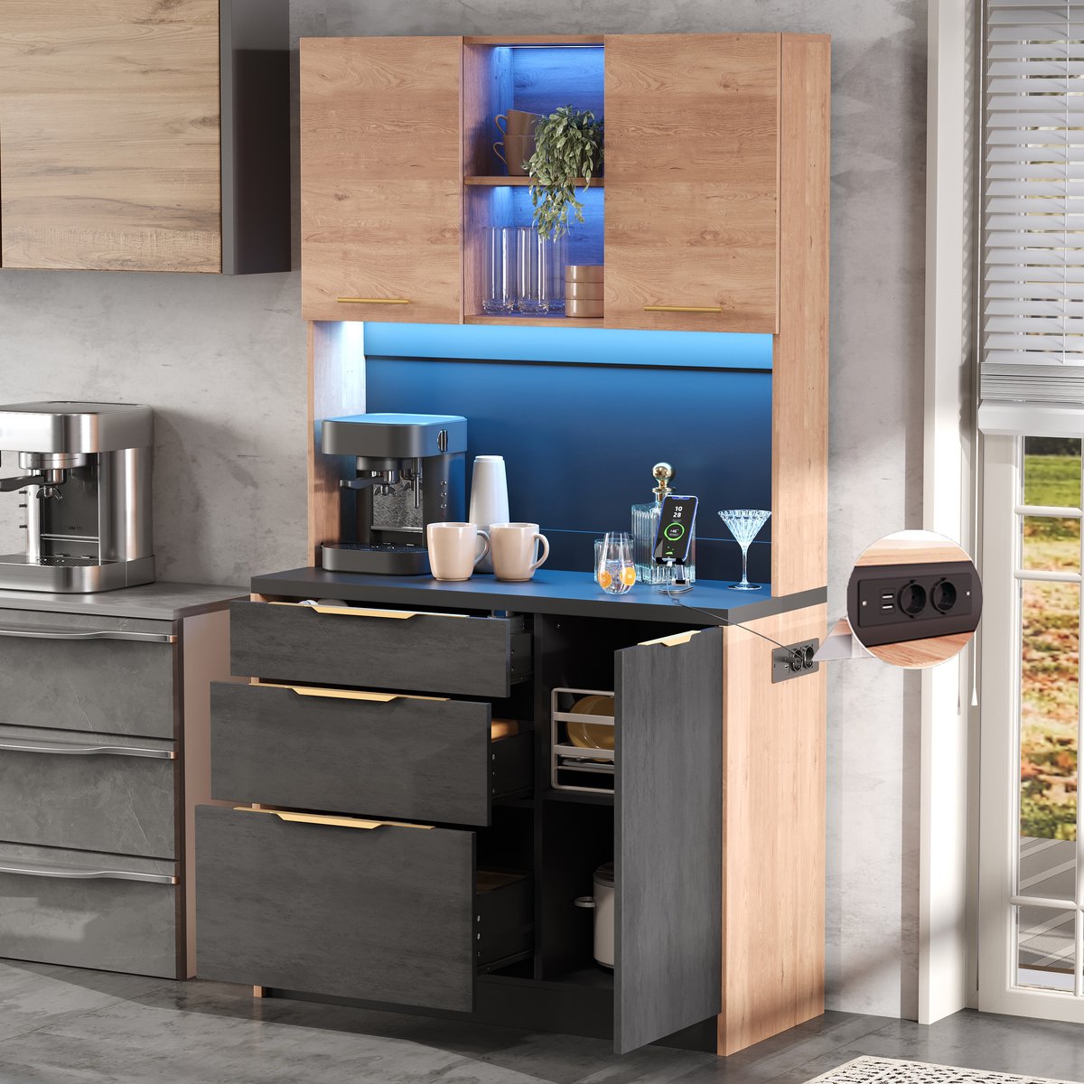 Wishdor - Keukenkast - 100 x 40 x 180 cm - met LED-verlichting, stopcontact en 3 lades - modern voor keuken of eetruimte - houtlook - neutraal