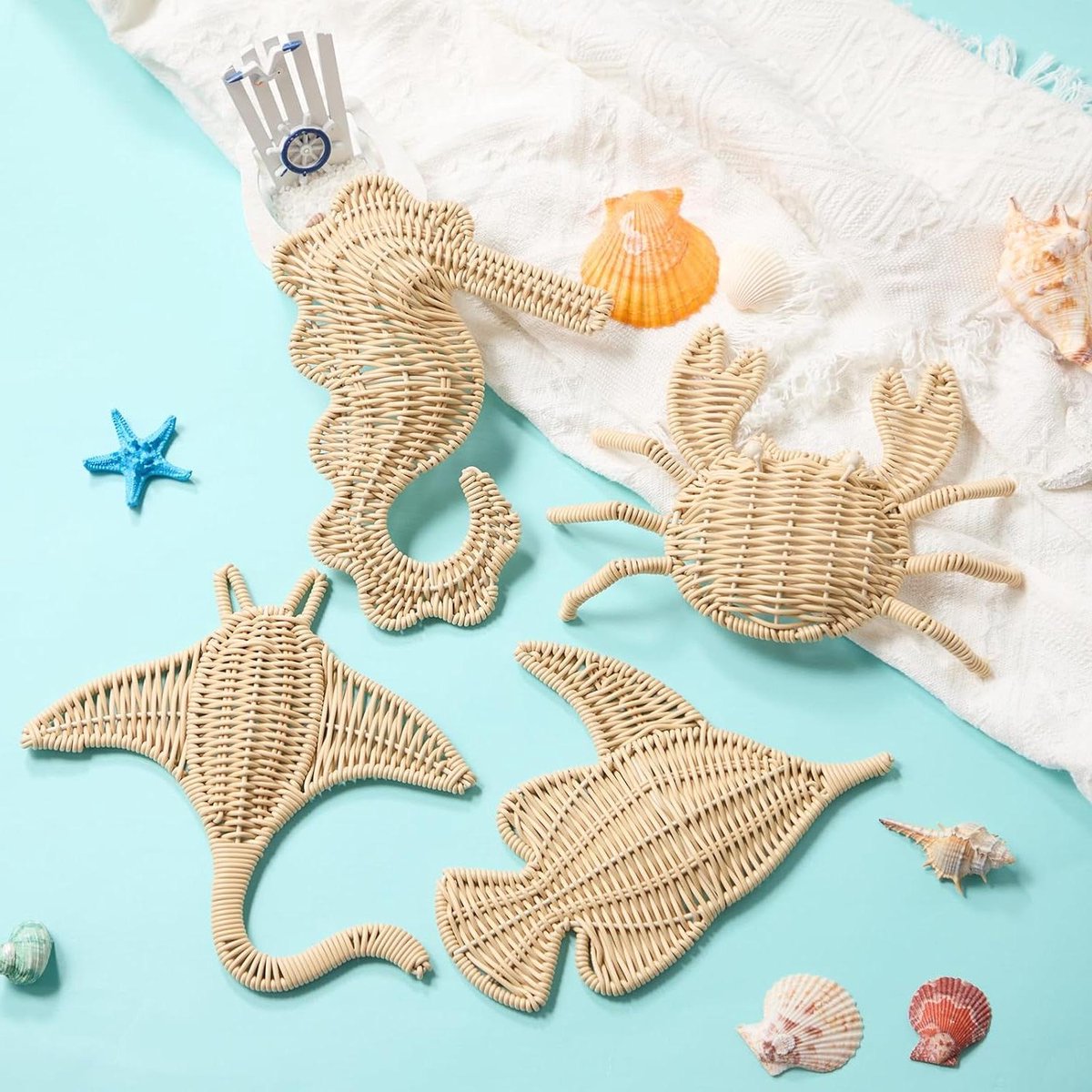 Rieten Zee Decor - Oceaan Ornamenten - Muur Decoratie - Handgemaakt Rotan - 4 Delige Set - Natuurlijk