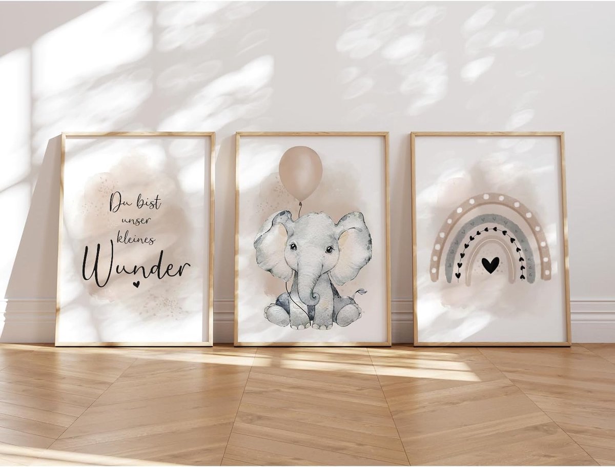 Kinderposters Set - Wandafbeeldingen Decoratie - Babykamer Inrichten - Dikke Premium Papier - 3x A4 Formaat - Beige