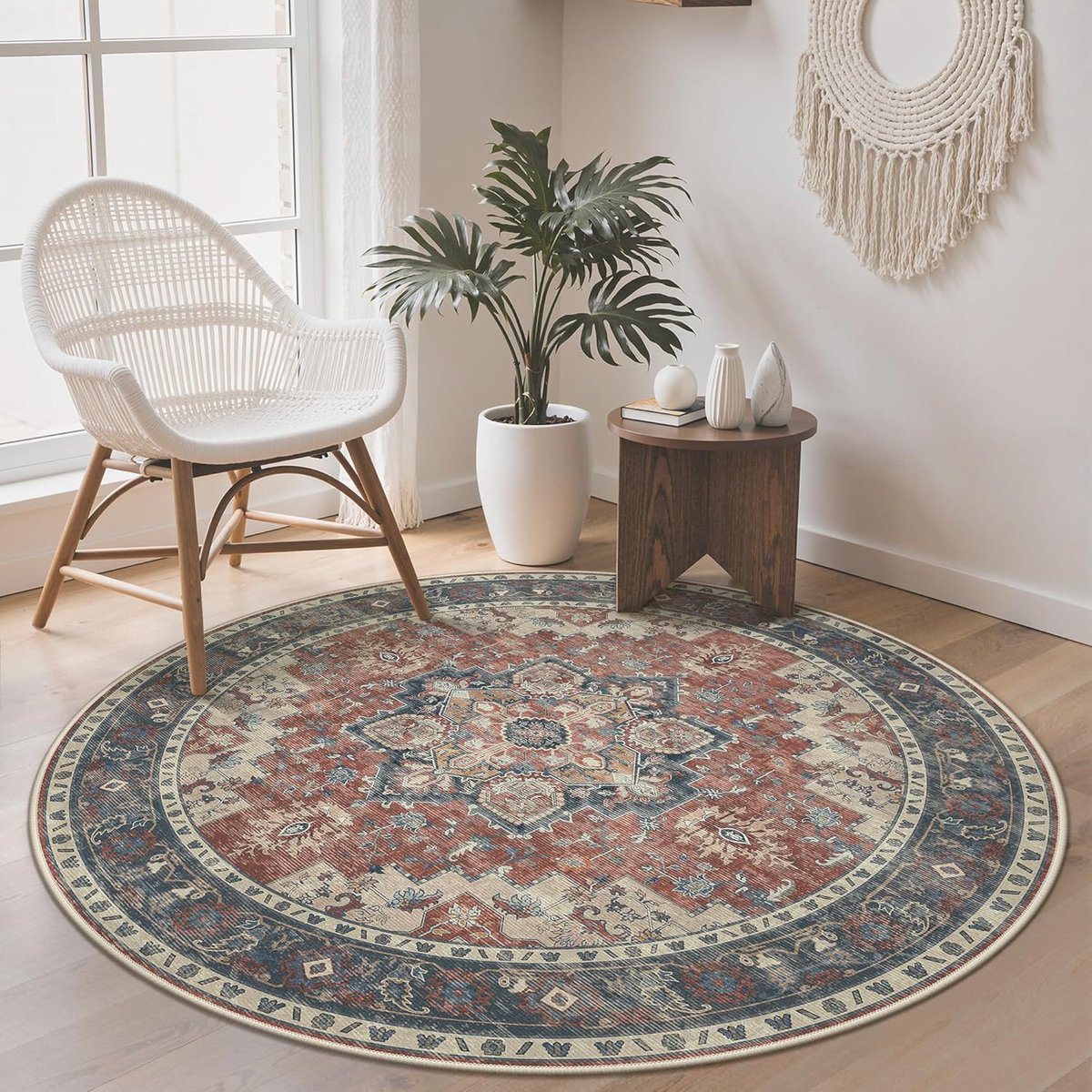 SnelShoppen - GENIMO Vintage rond vloerkleed 120 cm, boho-vloerkleed, antislip, kortpolig tapijt, multifunctioneel voor woonkamer, eetkamer, slaapkame