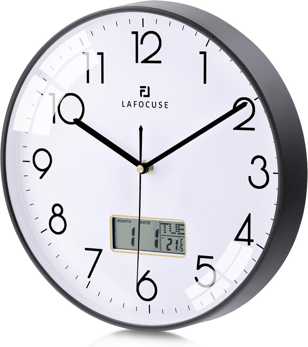 SnelShoppen - Digitale Wandklok met Kalender en Thermometer - Modern 30 cm Zwart LCD Kwartshorloge voor Woonkamer, Slaapkamer, Kantoor en Keuken