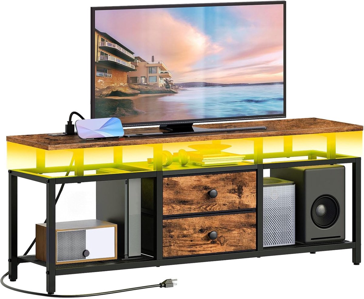 SnelShoppen - YATINEY TV-meubel tot 45 inch met oplaadstation, LED-verlichting, zwevend tafelbladontwerp, media console voor woonkamer, XDS03CDBR