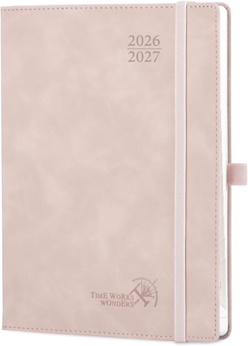 SnelShoppen - Agenda 2026 2027 Weekplanner en Notitieboek, 22 x 16,5 cm, Maandtabbladen, Zachte PU Lederen Kaft, Roze, 80 GSM Papier, Lintmarkeerder,