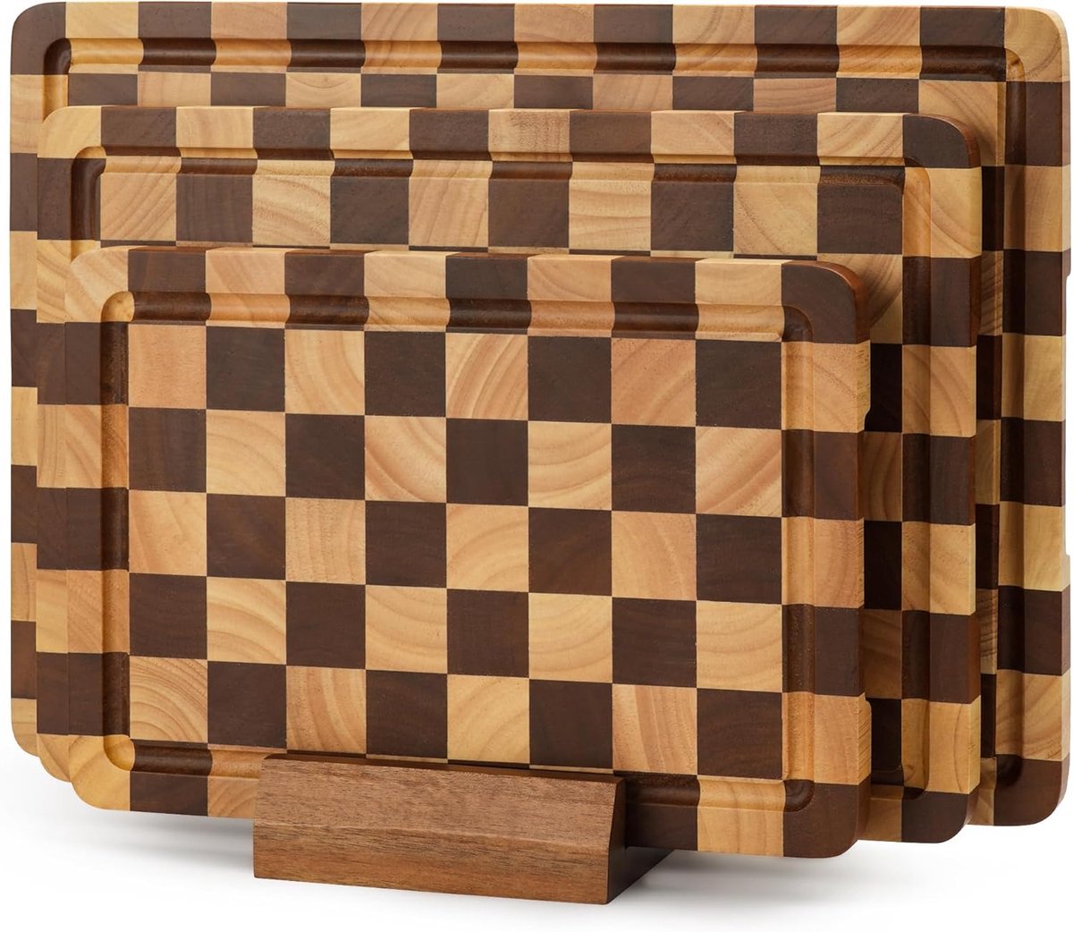 SnelShoppen - 3-Delige Geblokte Houten Snijplankenset met Houder & Sapgroef - Eindnerf Snijplanken voor Koken en Serveren (S, M, L) - Ideaal voor Keuk