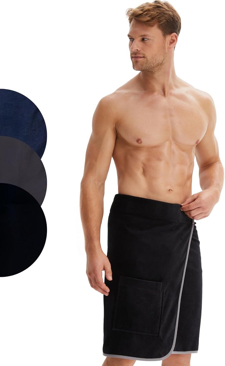SnelShoppen - Saunakilt Heren Velours 100% Katoen met Zak Zwart voor Spa, Wellness, Sauna, Thuisgebruik, Comfortabel en Luxe