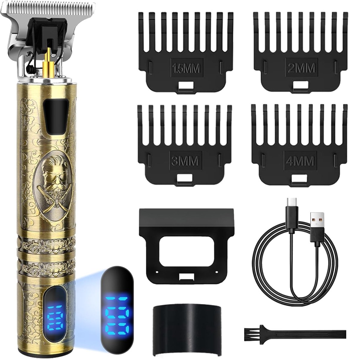 SnelShoppen - Professionele Tondeuse voor Heren, Oplaadbare USB-Tondeuse, Elektrisch Scheerapparaat met LED-Scherm en 4 Kammen voor Baard en Haar